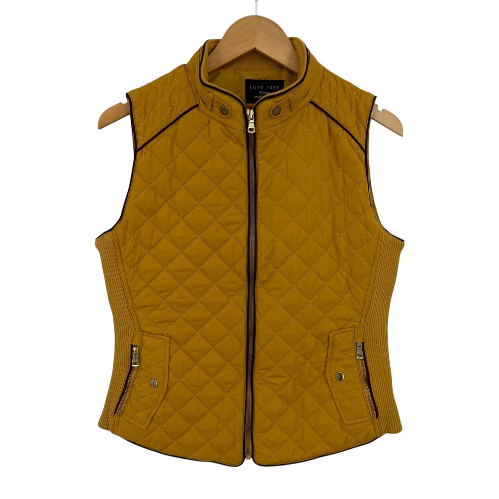 Love Tree Quilted Vest Women Med Mustard Yellow Ribbed Trim Pockets Autumn Fall